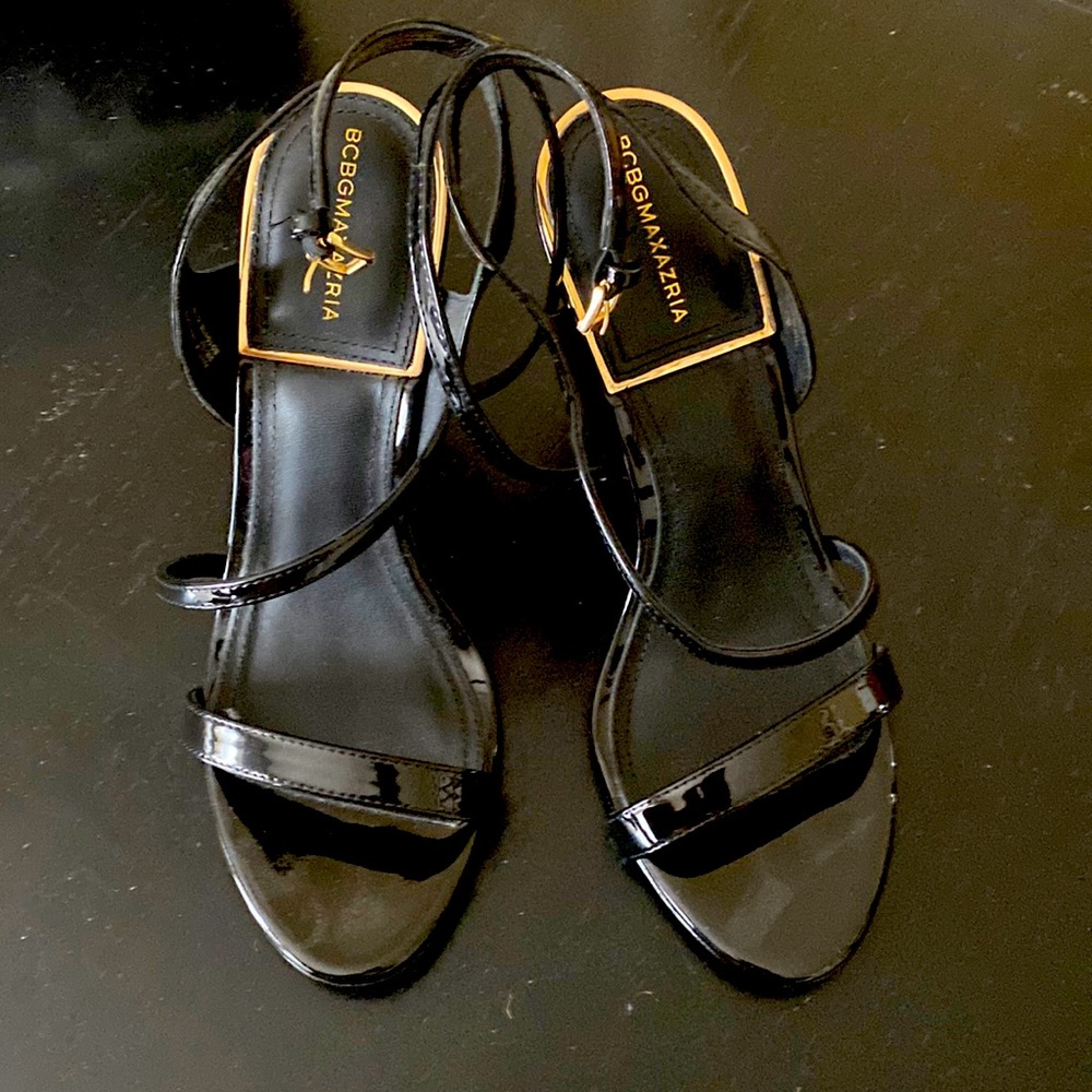 Bcbg Maxazria new patent leather and gold strappy heels size 9. W/a 3.9 in heel